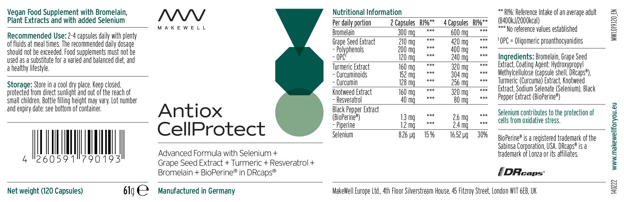 Antiox CellProtect - 120 Capsules | Anti-Inflammation Formula | MakeWell