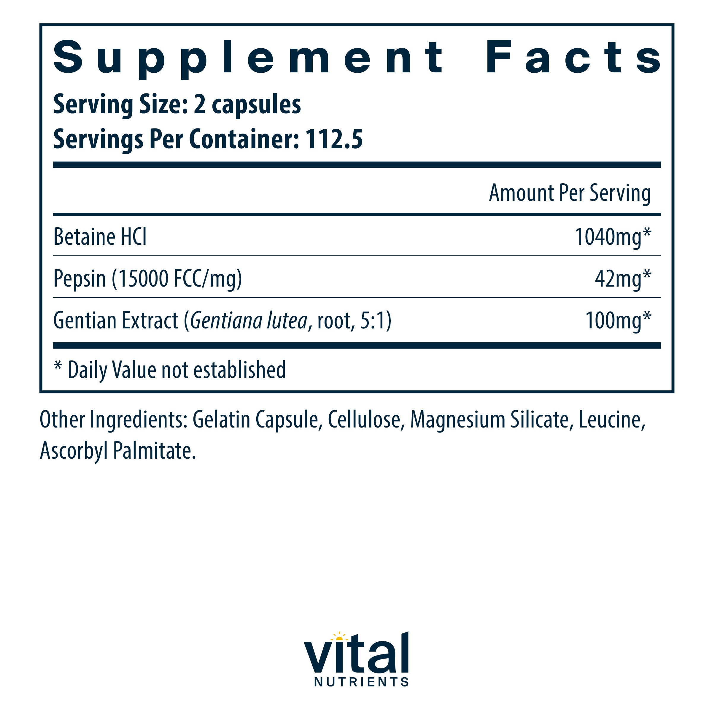 Betaine HCl Pepsin - 225 Capsules | Vital Nutrients